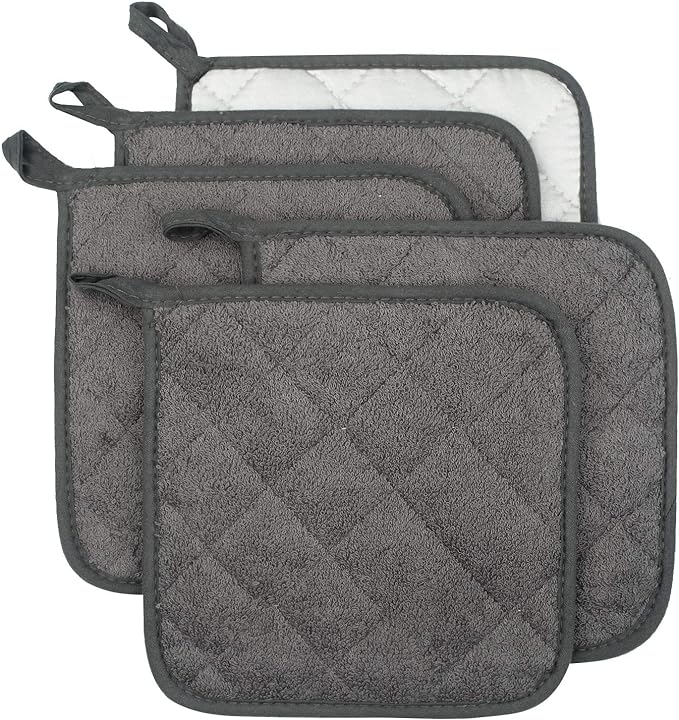 Pot Holders for Kitchen, 100% Cotton Terry Pot Holder Set of 5, Heat Resistant Hot Pads for Cooking, Baking, Hot Dishes and Countertop Protection, Mineral Gray