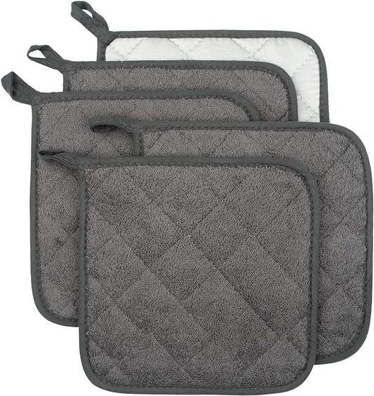 Pot Holders for Kitchen, 100% Cotton Terry Pot Holder Set of 5, Heat Resistant Hot Pads for Cooking, Baking, Hot Dishes and Countertop Protection, Mineral Gray