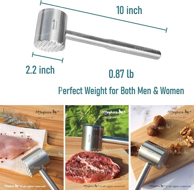 Meat Tenderizer Mallet, 304 Stainless Steel Hammer Pounder Flattener Beater | Dishwasher Safe, Perfect Weight, Food Grade Metal, Kitchen Tool for Cooking, for Steak Beef Chicken Pork Poultry | by Meykers