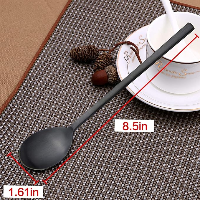 Soup Spoon, Korean Spoons, 8 Pieces Stainless Steel Asian Soup Spoon,8.5 Inch Long Handle Korean Dinner Ramen Spoons for Home Kitchen or Restaurant (Black)