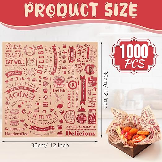 Outus 1000 Pcs 12 x 12 Inch Deli Wax Paper Sheets Grease Resistant Tray Basket Liners Newsprint Paper Water and Grease Proof Sandwich Wrapping Square Hot Dog Wrappers for Food Baking (Red on Brown)