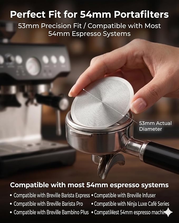 2PCS 53mm Magnetic Puck Screen 0.2mm for 54mm Breville Portafilter | Made of 304 stainless steel. Easy magnetic removal prevents burnt hands or losing screens in knock boxes