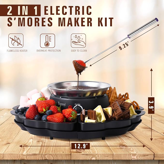 2 in 1 Electric S’mores Maker & Fondue Pot, Tabletop Indoor Smores kit with 4 Roasting Forks, 4 Detachable Trays & 1 Flameless Temperature-controlled Heater, Movie Night Supplies & Housewarming Gifts