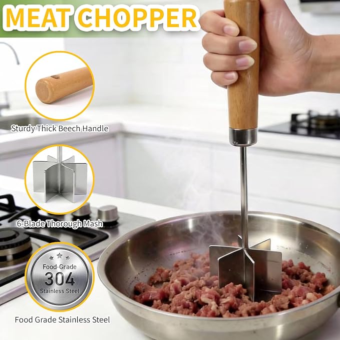 304 Stainless Steel Meat Chopper Meat Masher, 6 Curved Blades 10.5 Inch Ground Beef Chopper Tool, Hamburger Smasher, Potato Masher Durable Multi-Purpose Kitchen Tool Dishwasher Safe