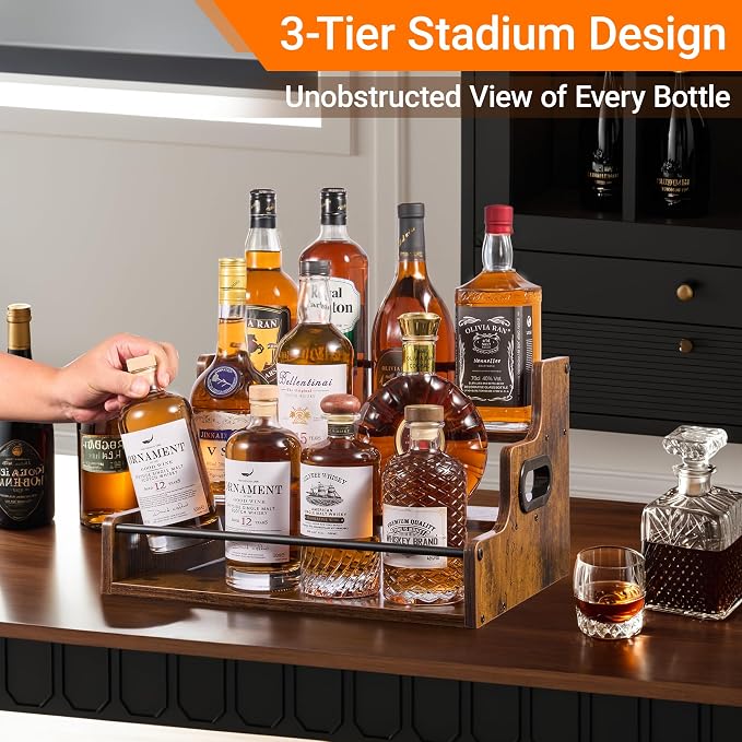 YQBRAO Liquor Bottle Display Shelf, 3-Tier Bar Shelves for Liquor Whiskey, Spirits, Coffee Syrup Rack Organizer with Handles & Metal Guardrail, Bar Bottle Stand for Home, Kitchen, Cafe