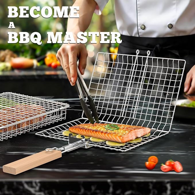 Fish Grill Basket Set, Removable Wooden Handle, Nesting BBQ Tools | 304 Stainless Steel, Smoker Grilling Accessories for Vegetable, Outdoor Cooking Camping, Birthday Gifts for Men Dad Husband