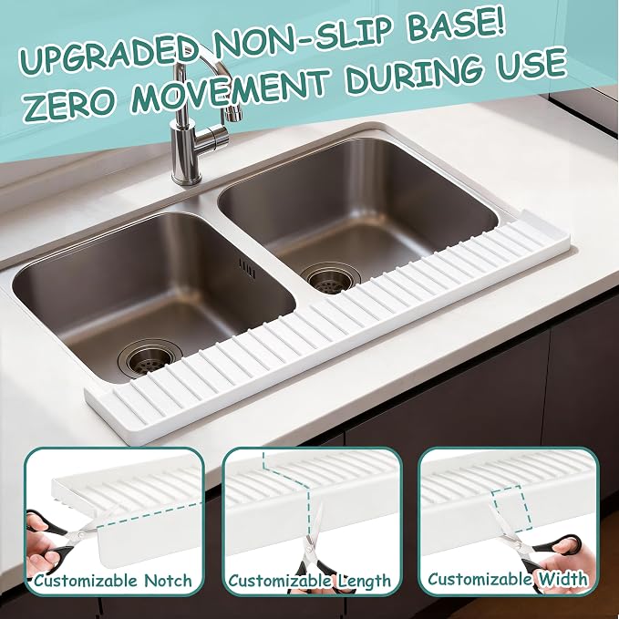 Silicone Sink Edge Protector Splash Guard, 30x4 Inch with Suction Cups & 5°Tilt, Cuttable for Kitchen Bathroom Countertops, Granite Quartz Surfaces (Transparency)