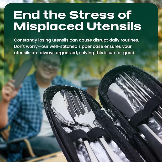 Taplord Portable Travel Silverware Set With Case, Includes 5 Pcs of Travel Utensils With Case, Stainless Steel Flatware Set For Camping, Easy to Travel, Lightweight (Silver), Medium, TL-05S