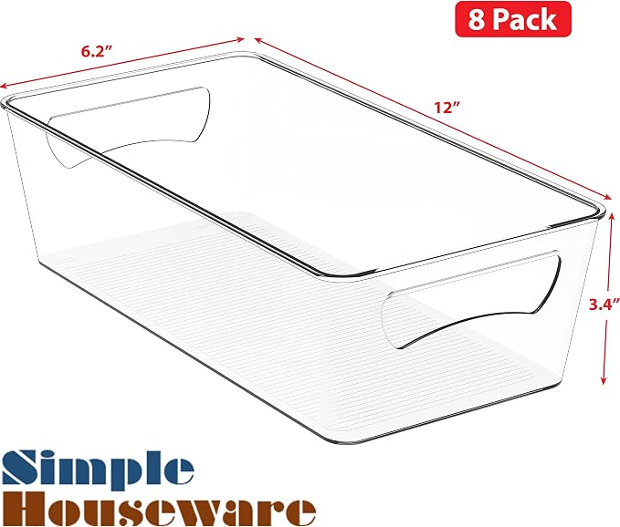 Simple Houseware 8 Pack Clear Fridge Storage Bins Organizer (12"x6.2"x3.4") | for Cabinet / Pantry / Refrigerator / Freezer / Kitchen