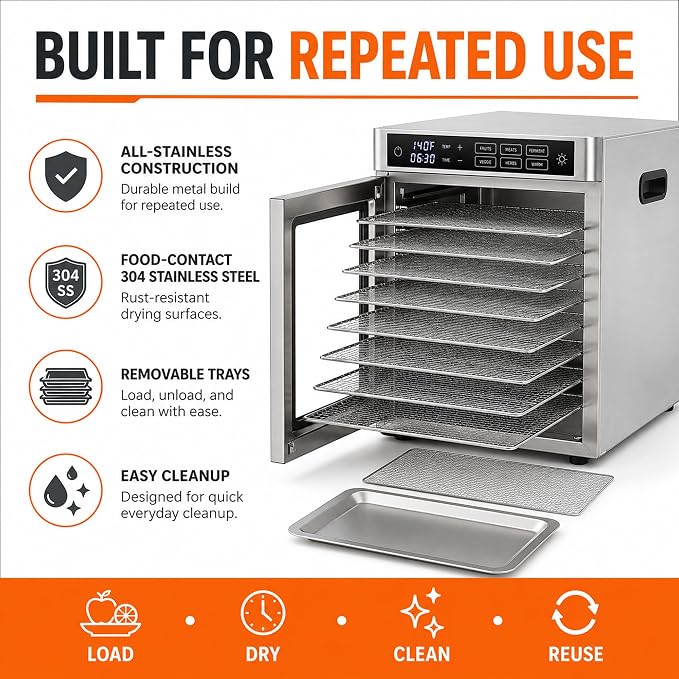 12-Tray Commercial Food Dehydrator | stainless steel jerky maker fruit dryer herbal drying machine large capacity food preserver digital dehydrator
