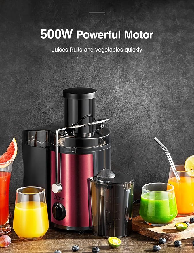 QCen Juicer Machine 500W Centrifugal Juicer with Extra Wide Feed Chute | For Fruits And Vegetables, Stainless Steel, BPA-Free Parts, Easy To Clean, Metallic Red, Countertop Juicer