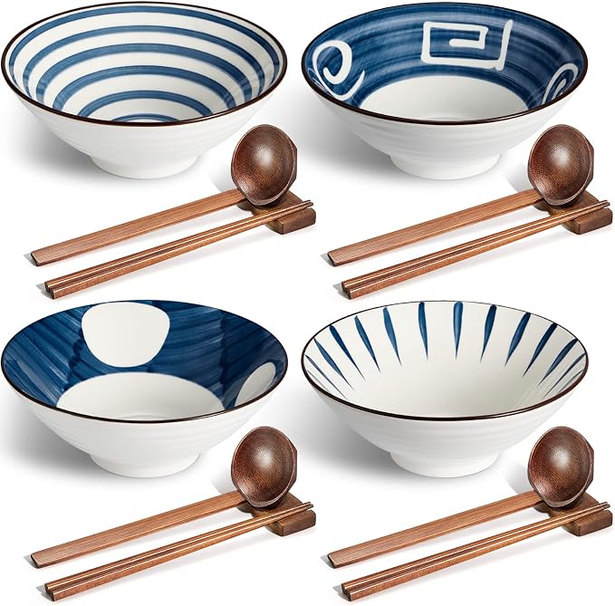 Geiserailie 40oz Ceramic Japanese Ramen Bowls Set of 4, 8 Inch Deep Asian Pho Udon Soup Noodle Bowls with Chopsticks, Spoons & Chopstick Rest -Microwave & Dishwasher Safe(Retro Style)