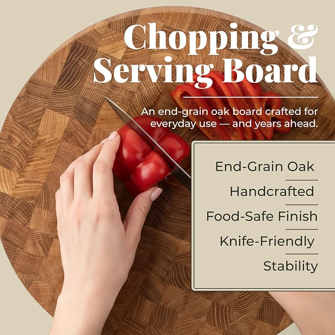 End Grain 12" Round European Oak Wood Cutting Board, Butcher Block, Wooden Chopping Board with Non-Slip Feet & Handles, Charcuterie Board, Knife-Friendly, Serving Cutting Board for Kitchen
