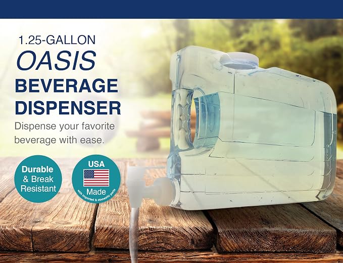 Arrow Oasis Drink Dispenser for Fridge, 1.25 Gallon - Plastic Beverage Dispenser with Spigot - Clear Space-Saving Design with Handle - Ideal for Water, Juice & Iced Tea - BPA Free - Made in USA