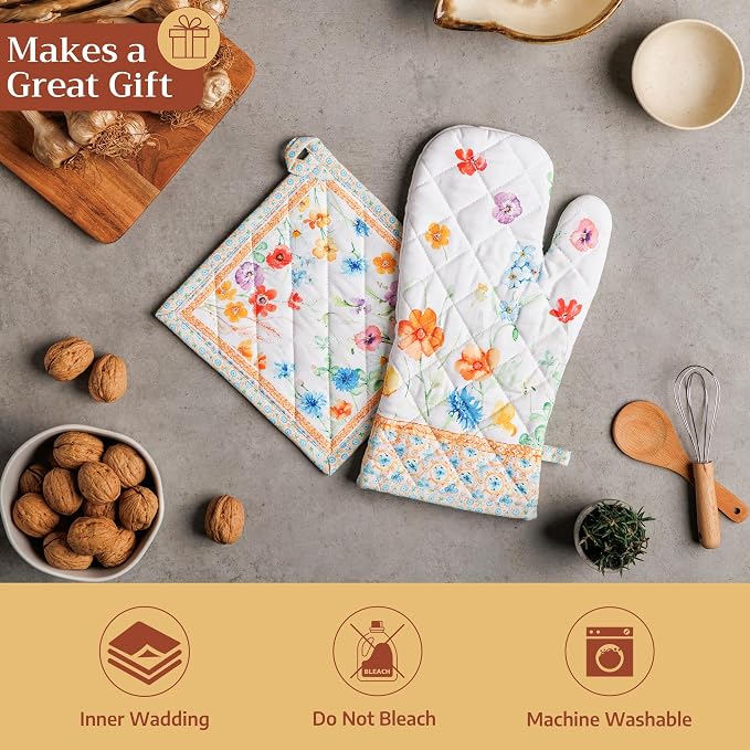 Maison d' Hermine 100% Cotton Oven Mitt & Pot Holder Set (7.5"x13" & 8"x8") | Heat Resistant BBQ Cooking Gloves with Loop Baking Grilling Kitchen Hotel Home Farmhouse Spring Summer - Summer Whisper