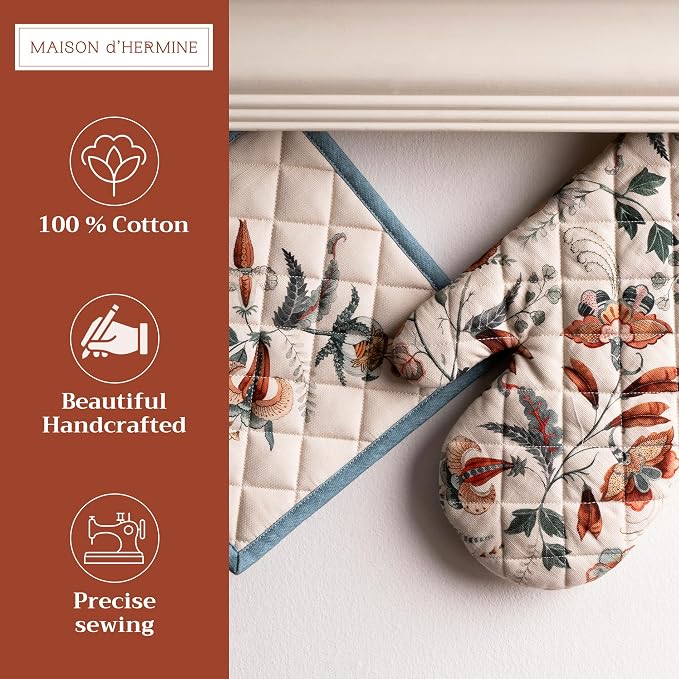 Maison d' Hermine 100% Cotton Oven Mitt & Pot Holder Set (7.5"x13" & 8"x8") | Heat Resistant BBQ Cooking Gloves with Loop Baking Grilling Kitchen Hotel Home Farmhouse Thanksgiving Christmas - Dalida