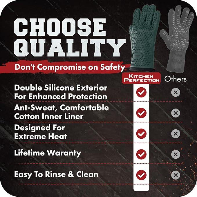 KITCHEN PERFECTION XL Silicone Smoker BBQ Gloves -Heat Resistant Oven Mitts | Waterproof, 5-Finger Design For A Better Grip, for Pitmasters, Meat Smoking, Grilling, Cooking, Frying Turkey | Grill Gift