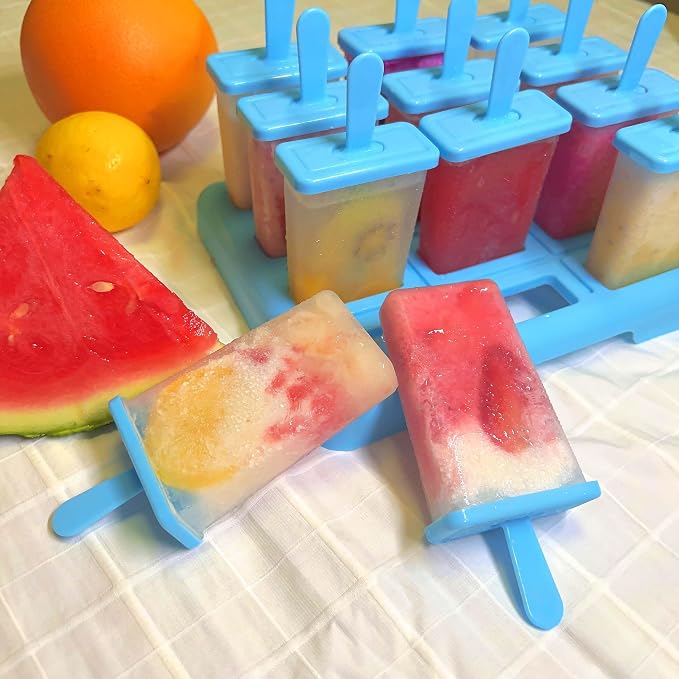 12 Cavities Popsicles Molds, BPA-Free Popsicle Molds with Built-in Popsicle Stick, DIY Popsicle Molds with Cleaning Brush and Funnel