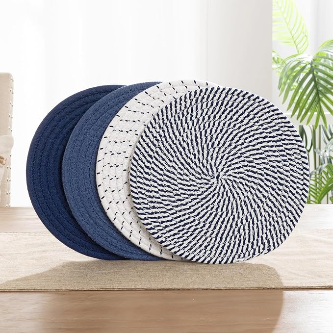 SHACOS 10 Inches Trivets for Hot Dishes, 4 Pieces Cotton Trivets Mats for Kitchen, Hot Pads for Countertops and Table, Heat-Resistant Pot Holders for Hot Pots and Pans(Blue, 4pcs)