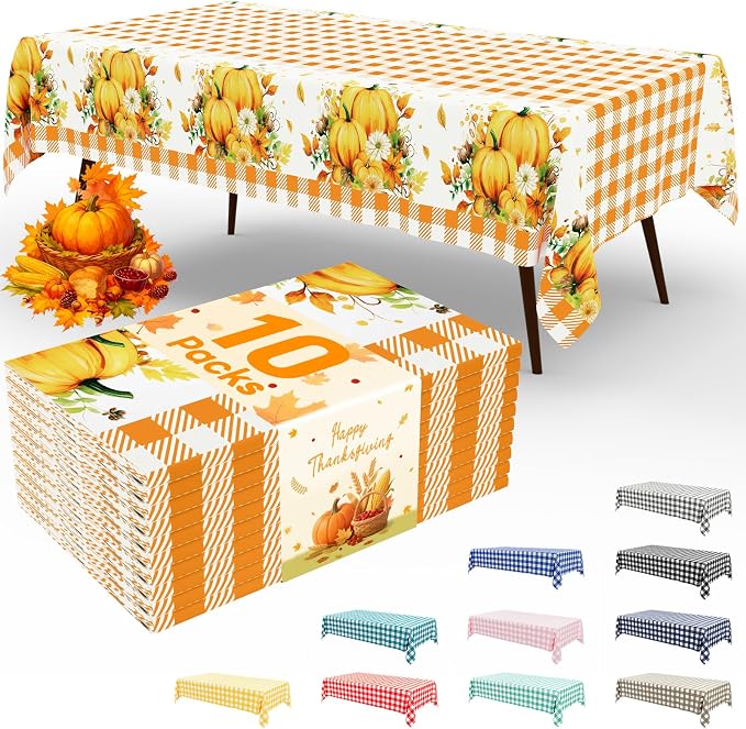 10 Packs Buffalo Disposable Table Cloth, 54 x 108 Inch Waterproof Plastic Tablecloth, Rectangle Pumpkin Orange and White Checkered Table Covers for Picnic, Birthday, Party
