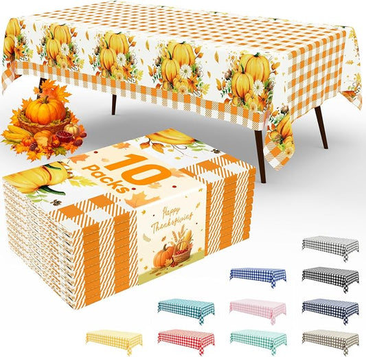 10 Packs Buffalo Disposable Table Cloth, 54 x 108 Inch Waterproof Plastic Tablecloth, Rectangle Pumpkin Orange and White Checkered Table Covers for Picnic, Birthday, Party