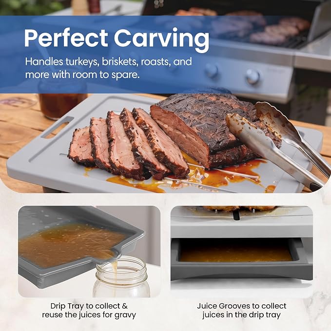 Karving King XL Deluxe Cutting Board - Spikes, Drip Tray & Meat Thermometer