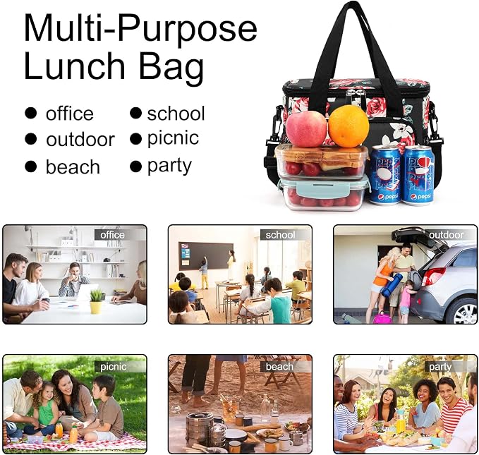 Lunch Bags for Women/Men, Insulated Lunch Bag for Work Office Picnic - Lunch Cooler Bag Leakproof Lunch Box with Adjustable Shoulder Strap - Black Floral