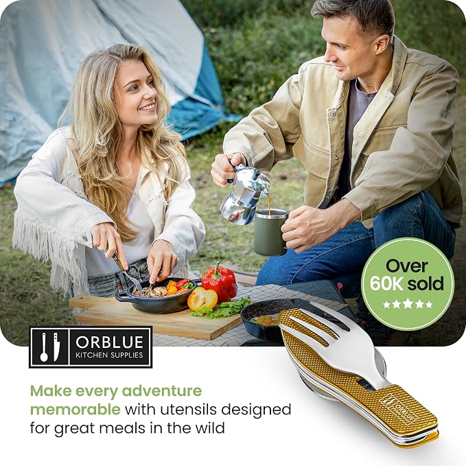 Orblue 4-in-1 Camping Eating Utensils, 2-Pack - Portable Spoon, Fork, Knife & Bottle Opener Combo Set - Stainless Steel Flatware with Detachable Fork - Travel, Backpacking Cutlery Multitool, Yellow