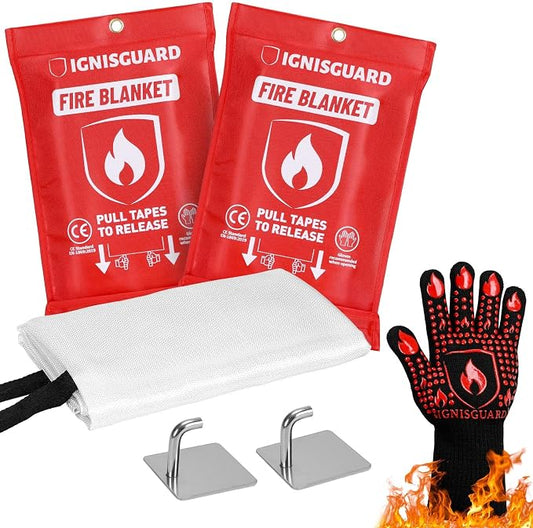 Emergency Fire Blankets for Home and Kitchen, 2-Pack 40"x40" Fiberglass Fire Suppression Blanket for Grease Fires, BBQ Grill, Camping, RV, Fireplace & Survival Safety