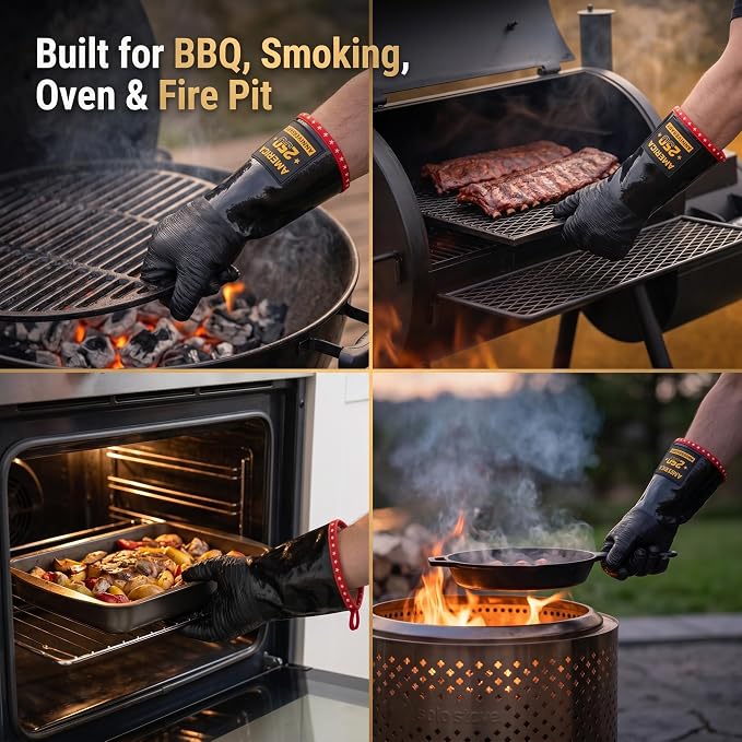 PRO BBQ Gloves, Black Neoprene, 14-Inch, Heat Resistant up to 932°F, Waterproof with Cotton Lining, America 250th Anniversary Edition, Includes Storage Bag (Close Fit-14INCH-932℉-PRO)
