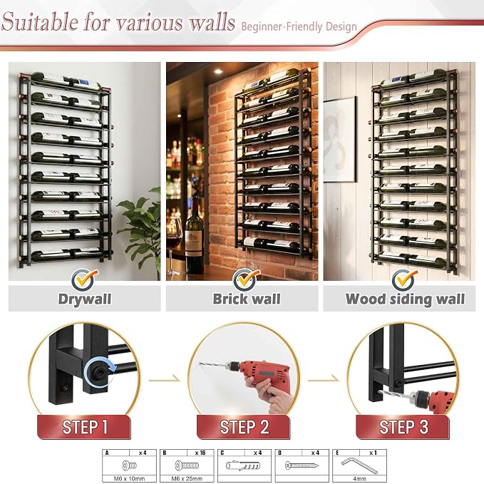 Wine Rack Wall Mounted: 20 Bottle Capacity Storage - 3.7'' Extra Wide Slots | Heavy Duty for Champagne & Magnum - Professional Grade for Wine Collectors - Rust-Resistant Matte Black Metal