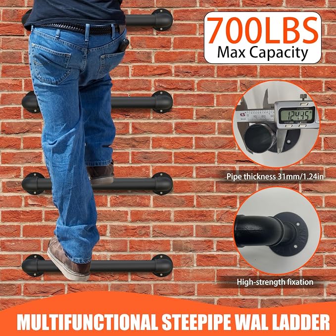 4-Step Wall Mounted Ladder, Heavy Duty 700lbs Capacity Steel Pipe Fire Escape Ladder for Egress Window & Basement, Black Industrial Blanket Hanging