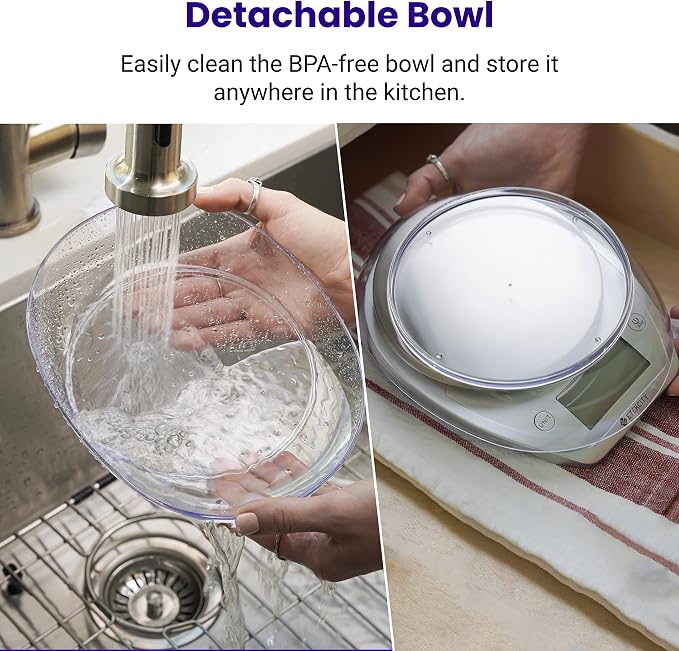 Etekcity 0.1g Food Kitchen Scale, Bowl, Digital Grams and Ounces for Weight Loss, Dieting, Baking, Cooking, and Meal Prep, 11lb/5kg, Stainless Steel Silver | 11lb/5kg capacity with tare, removable bowl, ideal for baking, coffee, meal prep and portion c...