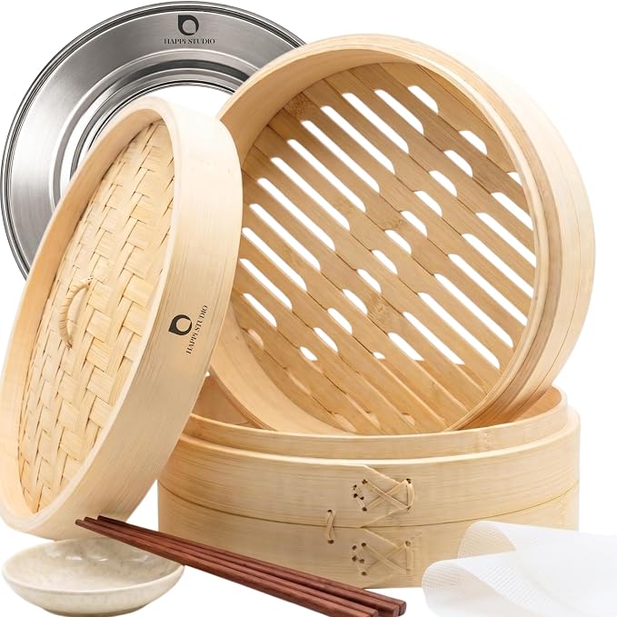 Bamboo Steamer Basket 10 Inch, Extra Deep Dumpling Steamer Set | Incl. Silicone Liners & Steel Ring, Steam Basket For Pot & Wok. Vegetable & Food Steamer For Dim Sum, Bao Buns