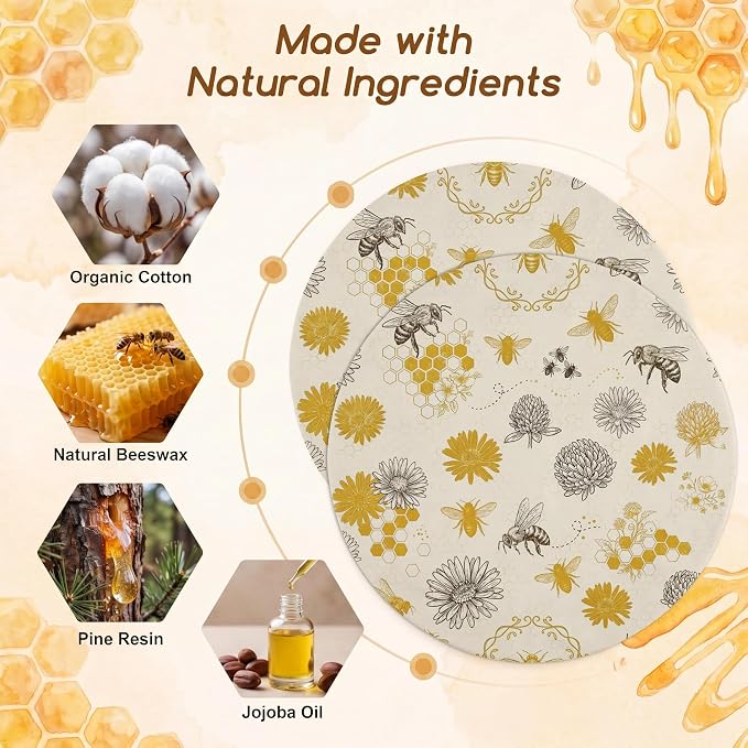 2Pcs Bee Theme Reusable Beeswax Bowl Covers Bread Sourdough Bowl Covers for Proofing Yellow Floral Reusable Elastic Bread Sourdough Cover Wrap Dough Proofing Food Storage Kitchen Baking Supplies