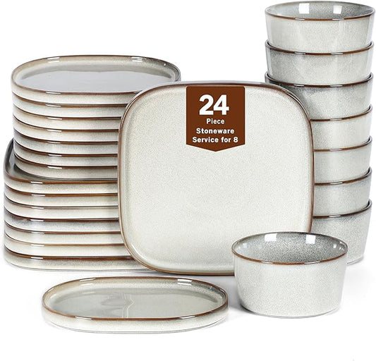 Stone Lain Cairo 24-Piece Dinnerware Set Stoneware, Plates and Bowls Set, Microwave and Dishwasher Safe, Includes Dinner and Salad Plates, Cereal Bowls, Dishes for 8, Grey