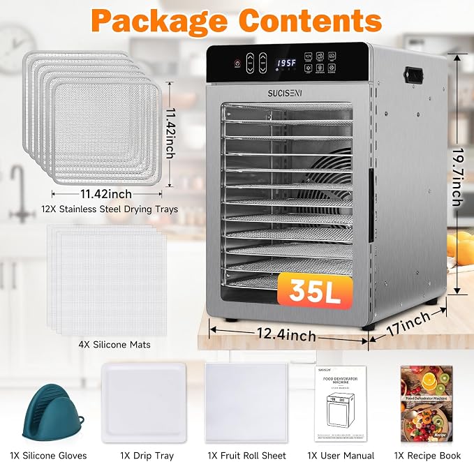 SUCISENI Food Dehydrator Machine for Jerky 11ft², 12 Trays 1000W Stainless Steel Dehydrator with 24H Timer 195℉ Temperature Control, Food Dryer Dehydrated for Meat, Fruits, Veggies, Dog Treats