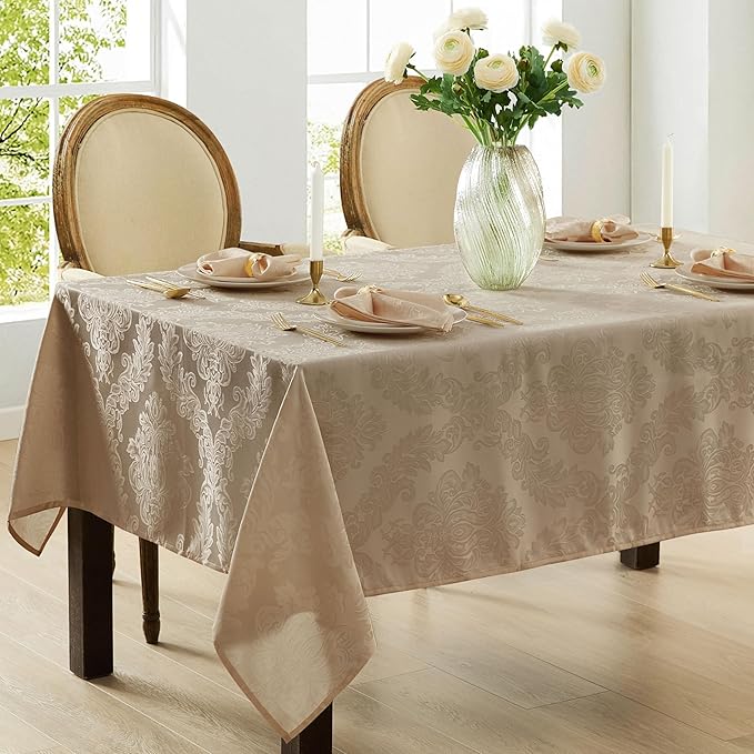 Newbridge Barcelona Luxury Damask Fabric Tablecloth, 70” x 70”, Square, Golden Beige, 100% Polyester, No Iron, Soil Resistant Dining Room, Party and Banquet Table Cover