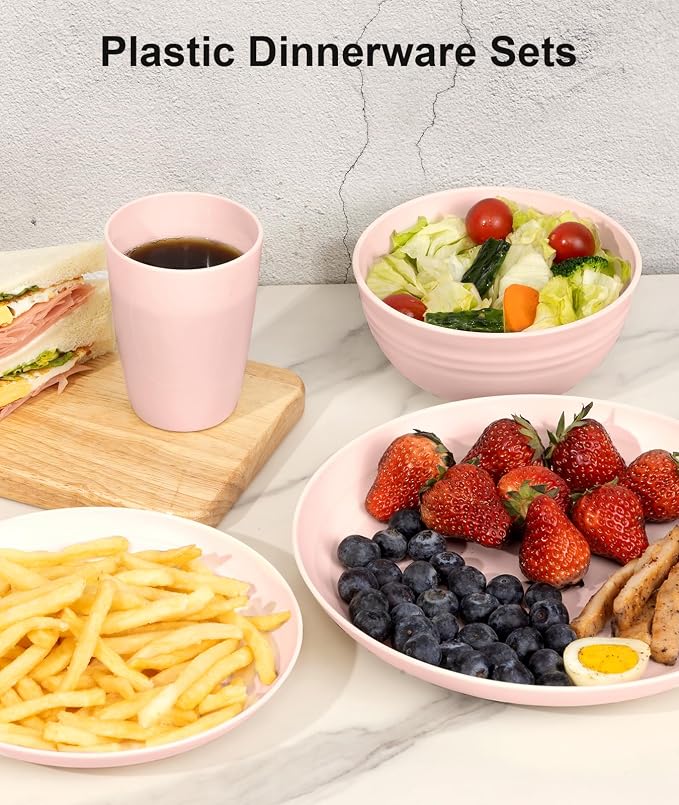 Quatish 16 Piece Plates and Bowls Sets for 4, Unbreakable Dinnerware Sets, Plastic Dish Set for Camping, Dishwasher Microwave Safe, Outdoor Kitchen and Apartment Dorm Dinning RV Essentials, Pink