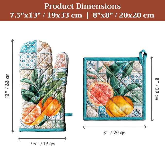 Maison d' Hermine 100% Cotton Oven Mitt & Pot Holder Set (7.5"x13" & 8"x8") | Heat Resistant BBQ Cooking Gloves with Loop Baking Grilling Kitchen Hotel Home Farmhouse Spring Summer - Agrume