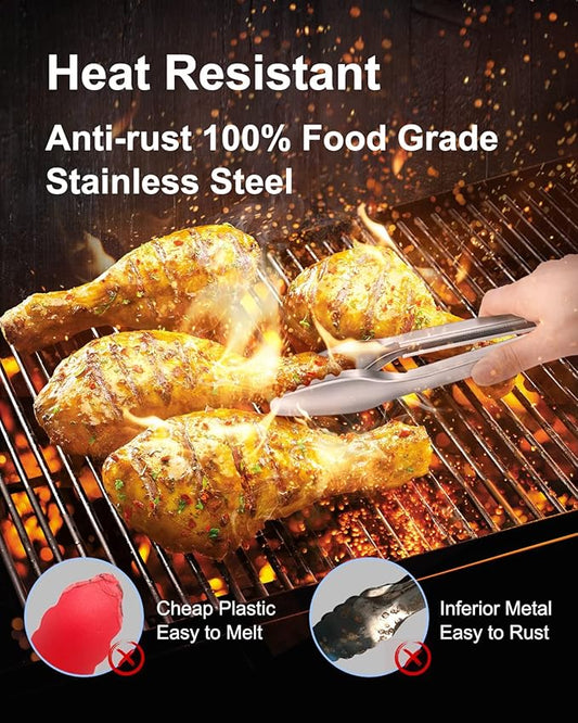 Cooking Tongs with Teeth, Premium Stainless Steel Kitchen Tongs Set of 2-9" and 12", Heavy Duty Locking Metal Food Tongs with Non-Slip Grip - Black