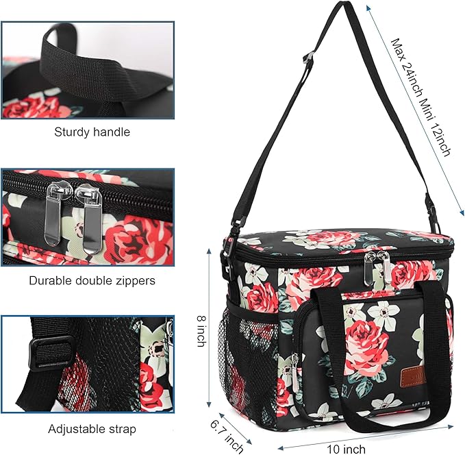 Lunch Bags for Women/Men, Insulated Lunch Bag for Work Office Picnic - Lunch Cooler Bag Leakproof Lunch Box with Adjustable Shoulder Strap - Black Floral
