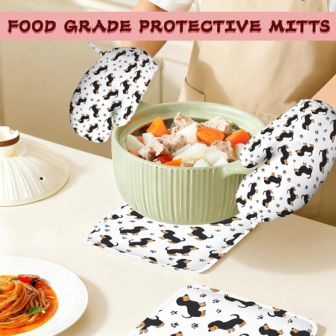 Cute Dachshund Dog Heat-Resistant Silicone Oven Mitts and Pot Holders 4 Piece Set,Extra Long Non-Slip Kitchen Oven Gloves for Cooking, Baking, BBQ,Grilling