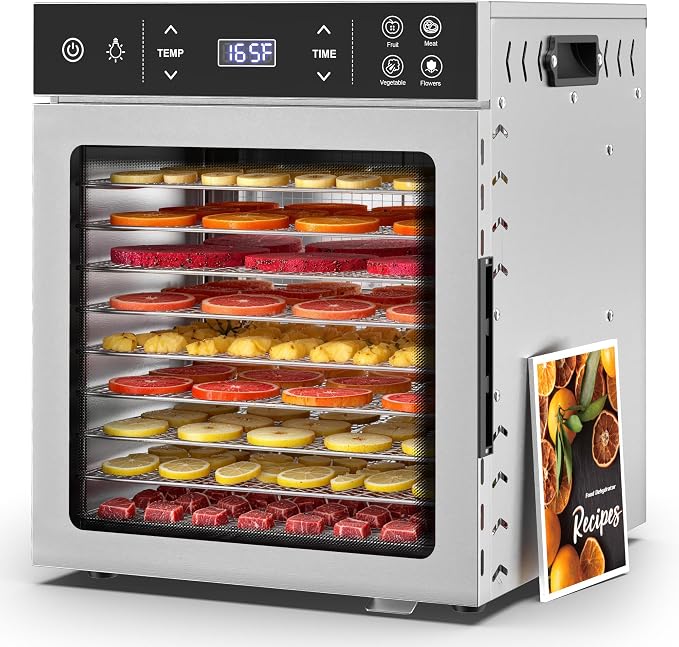 Suteck 400W Food Dehydrator with 10 Trays for Jerky, Fruit, Veg, Meat | Stainless Steel, 4 Presets, Strong Dual Fans & 360° Airflow, 85°F–195°F, 48H Timer, Built-in Light, Quiet