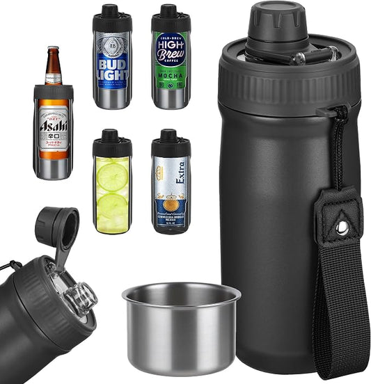 5 In 1 Beer Can Cooler Bottle Holder with Drinking Spout Lid for 12oz Regular, Slim Skinny Cans Bottles,Sealed Insulated Double Wall Vacuum Stainless Steel Can Keeps Your Drinks Cold(Black)