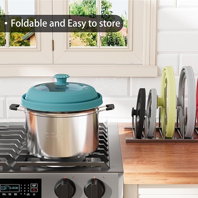 Collapsible Microwave Splatter Cover - Vented Silicone & Glass Lid with Easy-Grip Handle, Fits 6 to 10 Inch Plates & Bowls, 10.8 Inch Diameter, Prevents Splatters & Ensures Even Heating