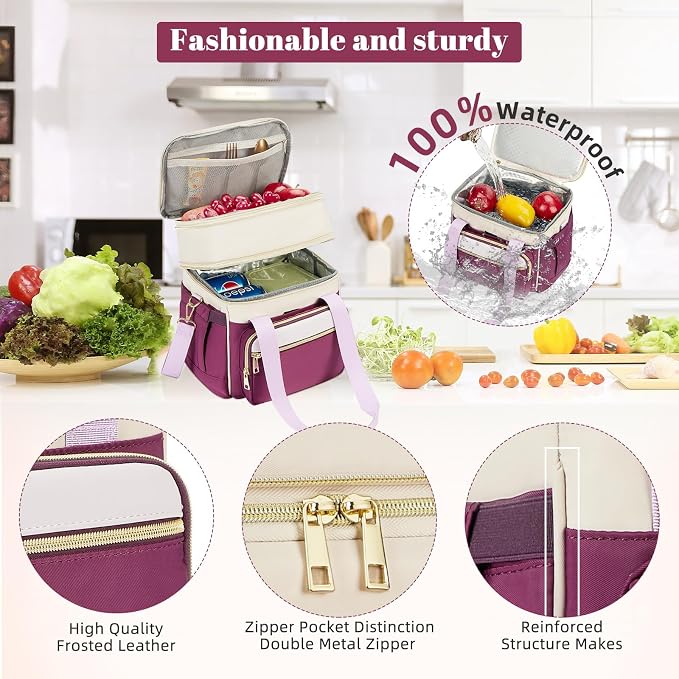 holuxer Insulated Lunch Bag & Lunch Box for Women - Double Deck Reusable Lunch Bag for men Tote Cooler Bag Leakproof Soft Expandable - Large Lunchbox for Work/Adult/Picnic/Outdoor (Light Purple，15L)