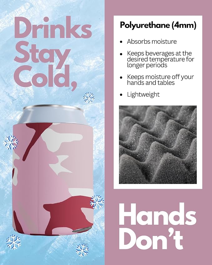 PartyPrints 200 Pack Camo Pink Blank Can Cooler Sleeves, Customizable Bulk Insulated Foam for Beer, Collapsible Plain Drink Holder, Cold Soda Insulator, 12oz Regular, 16oz Tall Cans