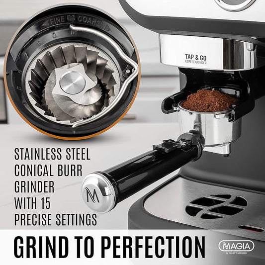 Zulay Kitchen Magia Manual Espresso Machine with Grinder and Milk Frother - 15 Bar Pressure Pump Cappuccino Machine - Latte Machine - & Extra Large 2L Removable Water Tank