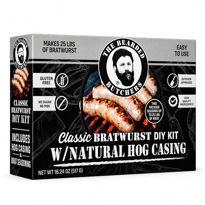 Bearded Butchers Classic Bratwurst Sausage Kit, Hog Casing & Seasoning | Makes 25 lbs of brats - Includes hog casing 32-35mm (65 ft), 9 oz seasoning, gluten free, no MSG or sugar, no cure needed